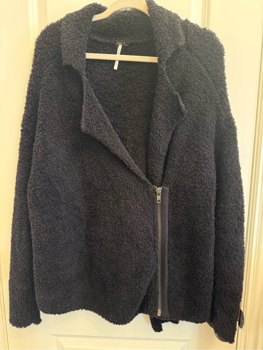 Free People Black Wool Blend Teddy Sherpa Fleece Moto Jacket Size L